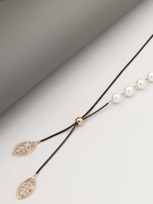 Lin Liang Brass Imitation Pearl White Leaf Minimalist Long Strand Necklace 0
