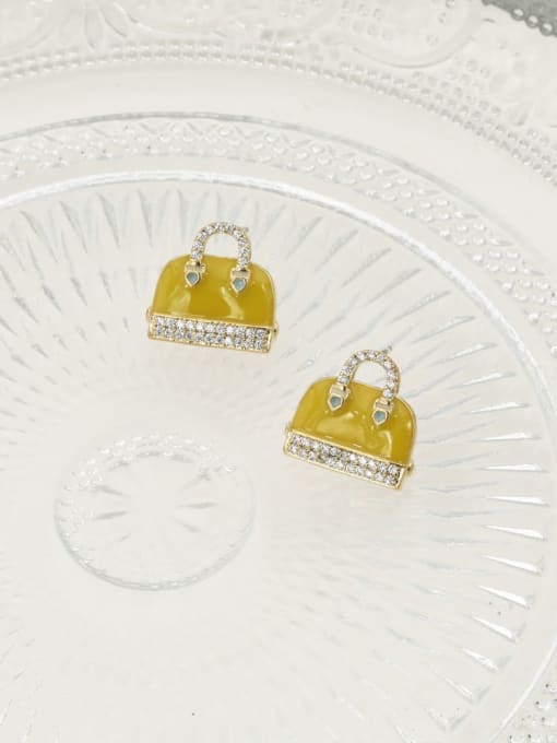 Golden yellow bag Brass Rhinestone White Enamel Geometric Classic Stud Earring