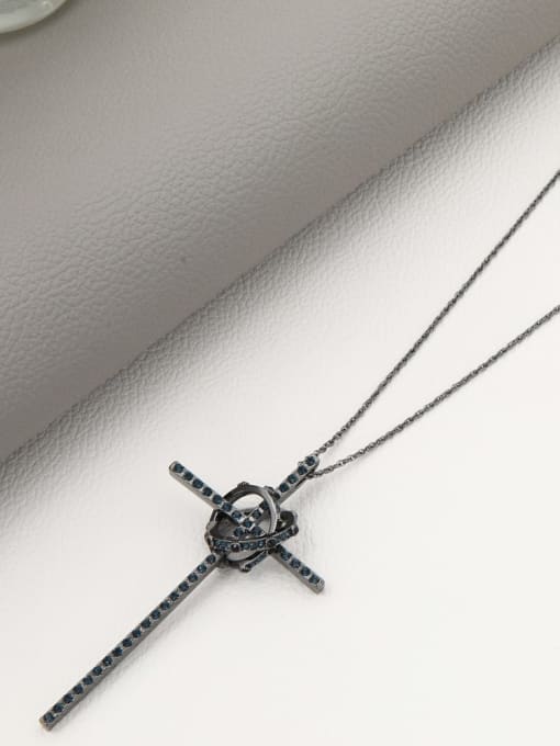 Black Brass Rhinestone Brown Cross Minimalist Long Strand Necklace