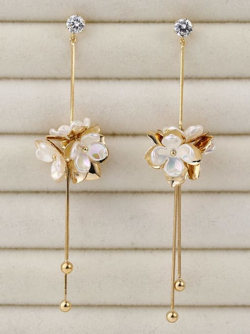Gold Brass Cubic Zirconia White Flower Minimalist Drop Earring