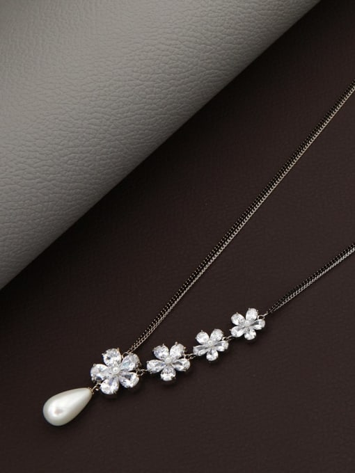 Coffee gold Brass Cubic Zirconia White Flower Minimalist Long Strand Necklace