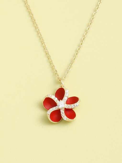Golden red paint 925 Sterling Silver Cubic Zirconia White Enamel Flower Minimalist Necklace
