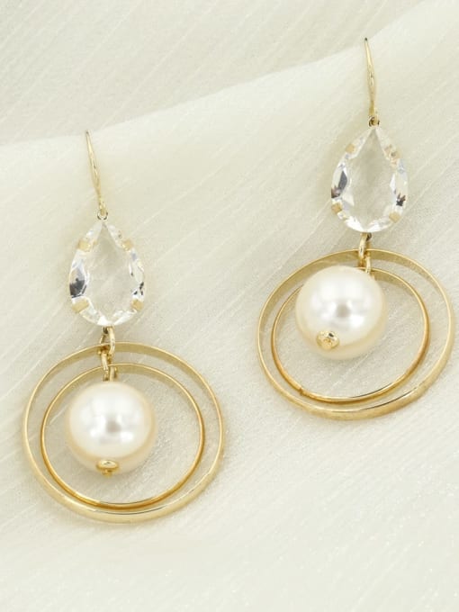 Gold Brass Imitation Pearl White Round Classic Drop Earring