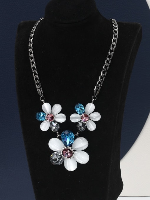 Lin Liang Brass Cats Eye White Flower Dainty Long Strand Necklace