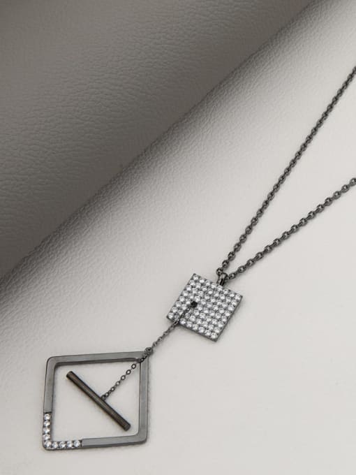 Black Brass Rhinestone White Geometric Minimalist Long Strand Necklace