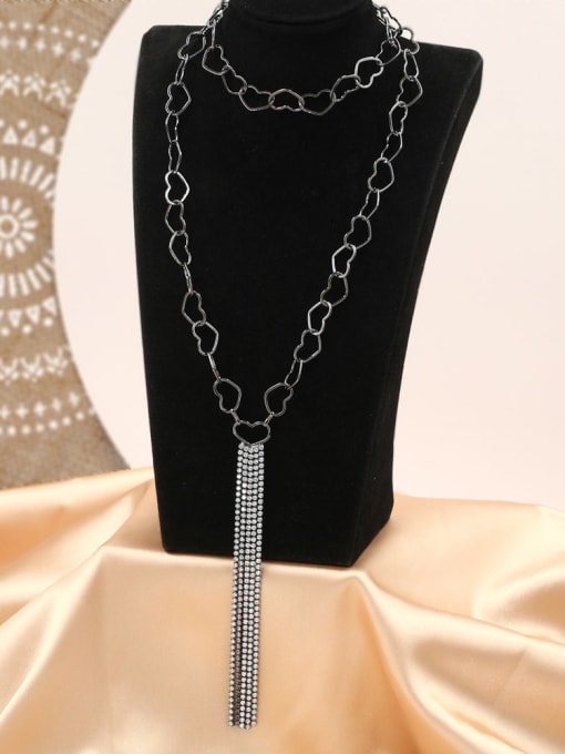 Black Brass Cubic Zirconia White Tassel Minimalist Long Strand Necklace