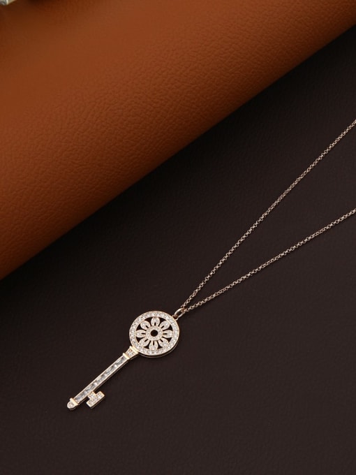 Rose Brass Rhinestone White Key Minimalist Long Strand Necklace