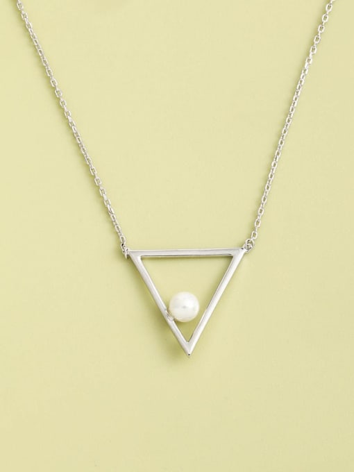 White 925 Sterling Silver Imitation Pearl White Triangle Minimalist Long Strand Necklace