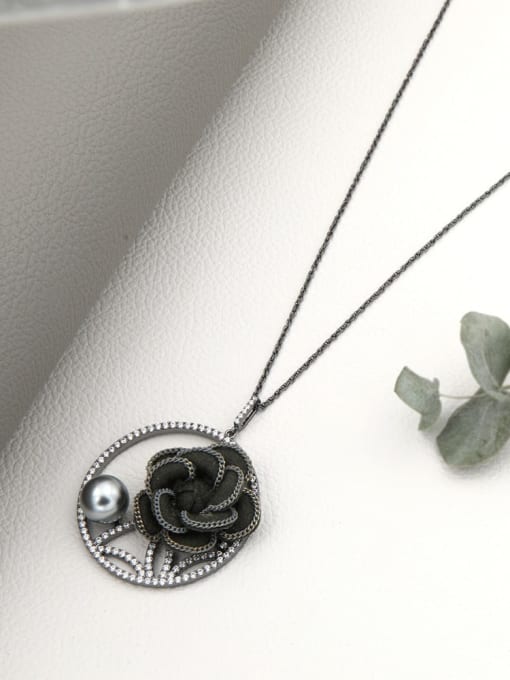 Black Brass Imitation Pearl White Geometric Minimalist Long Strand Necklace
