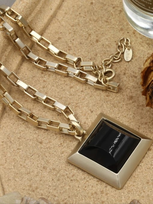 Gold Brass Glass Stone Black Geometric Minimalist Long Strand Necklace