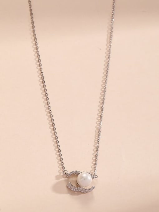 Silver 925 Sterling Silver Imitation Pearl White Letter Classic Long Strand Necklace