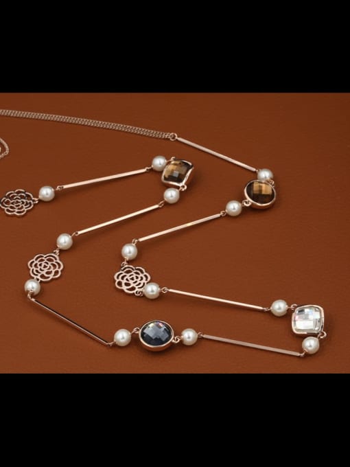 Rose Brass Imitation Pearl White Geometric Minimalist Long Strand Necklace