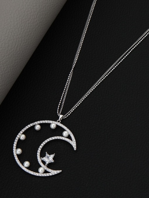 Lin Liang Brass Cubic Zirconia White Moon Minimalist Long Strand Necklace