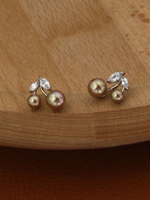 Lin Liang Brass Imitation Pearl Brown Friut Minimalist Stud Earring 0