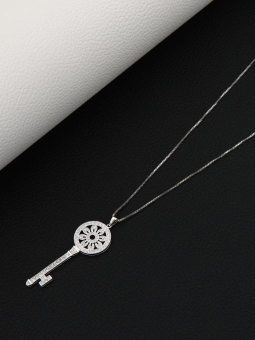 White Brass Rhinestone White Key Minimalist Long Strand Necklace