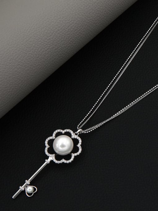 White Brass Imitation Pearl White Key Minimalist Long Strand Necklace