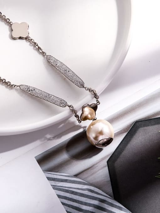 Lin Liang Brass Imitation Pearl White Round Minimalist Long Strand Necklace 0