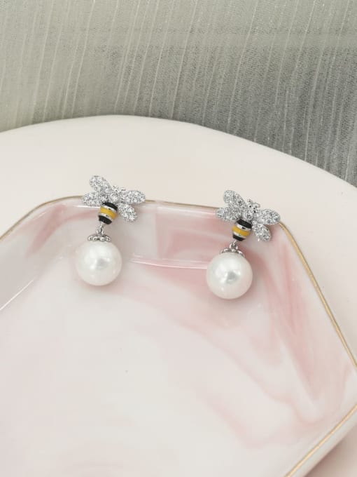 Lin Liang Brass Imitation Pearl White Bee Classic Drop Earring 0