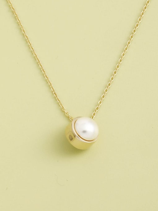 Gold 925 Sterling Silver Imitation Pearl White Round Minimalist Long Strand Necklace