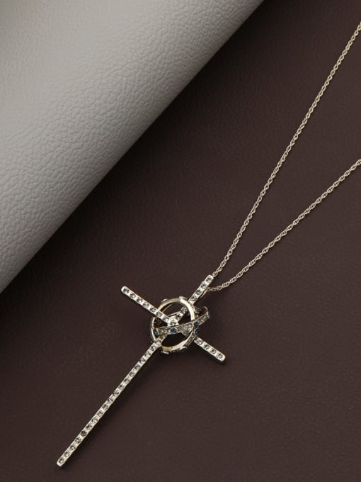 Lin Liang Brass Rhinestone Brown Cross Minimalist Long Strand Necklace 1
