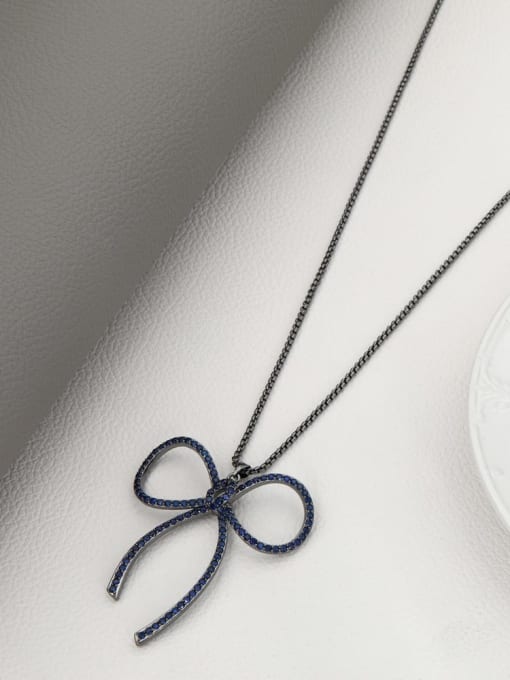 Black Brass Rhinestone Blue Bowknot Minimalist Long Strand Necklace