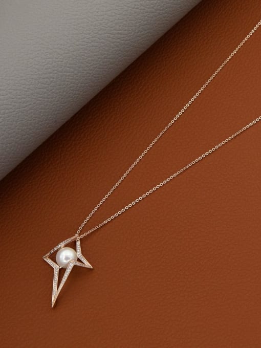 Rose Brass Imitation Pearl White Geometric Minimalist Long Strand Necklace