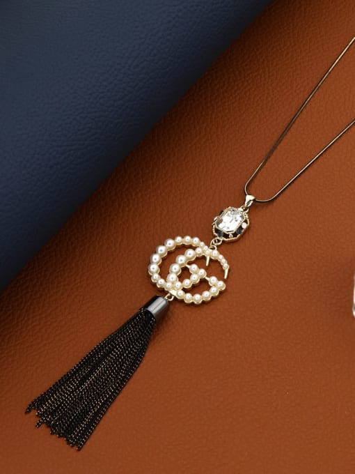 Gold Brass Imitation Pearl White Tassel Minimalist Long Strand Necklace