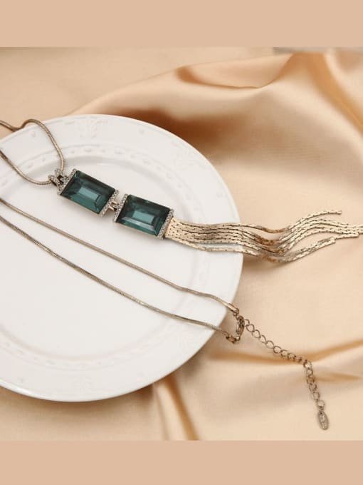 Lin Liang Brass Rhinestone Green Tassel Minimalist Long Strand Necklace