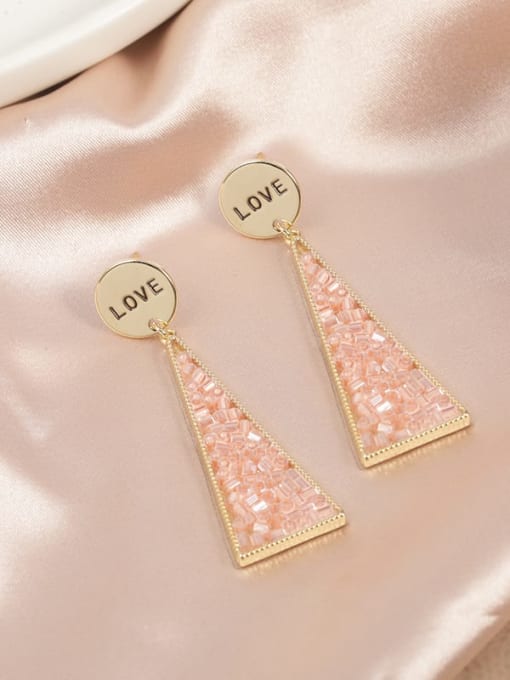 Golden pink beads Brass Glass Stone White Triangle Minimalist Drop Earring
