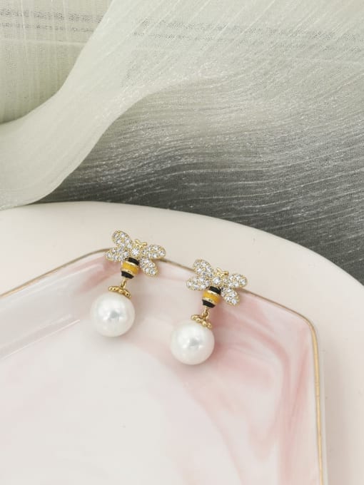Gold Brass Imitation Pearl White Bee Classic Drop Earring