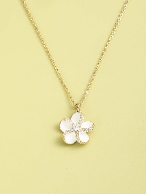 Golden white paint 925 Sterling Silver Cubic Zirconia White Enamel Flower Minimalist Necklace