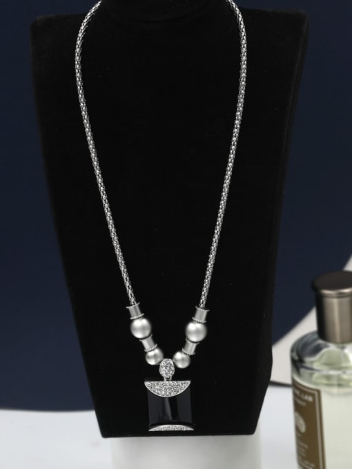 White Brass Rhinestone Black Geometric Minimalist Long Strand Necklace