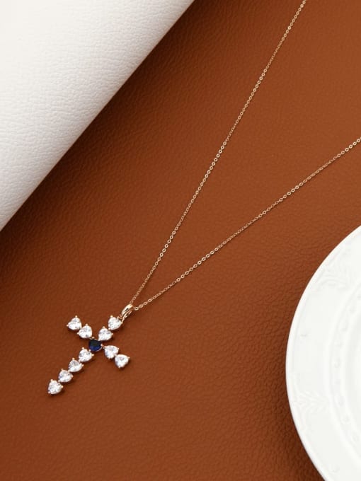 True gold blue diamond Brass Cubic Zirconia White Cross Minimalist Regligious Necklace