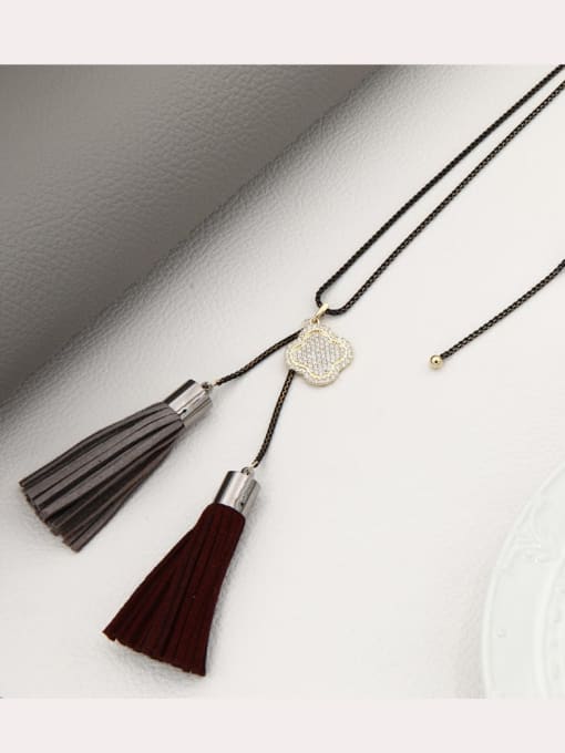 Lin Liang Brass Rhinestone White Tassel Minimalist Long Strand Necklace