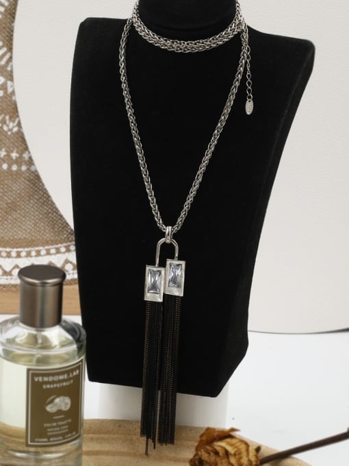 Lin Liang Brass Rhinestone White Tassel Minimalist Long Strand Necklace 0
