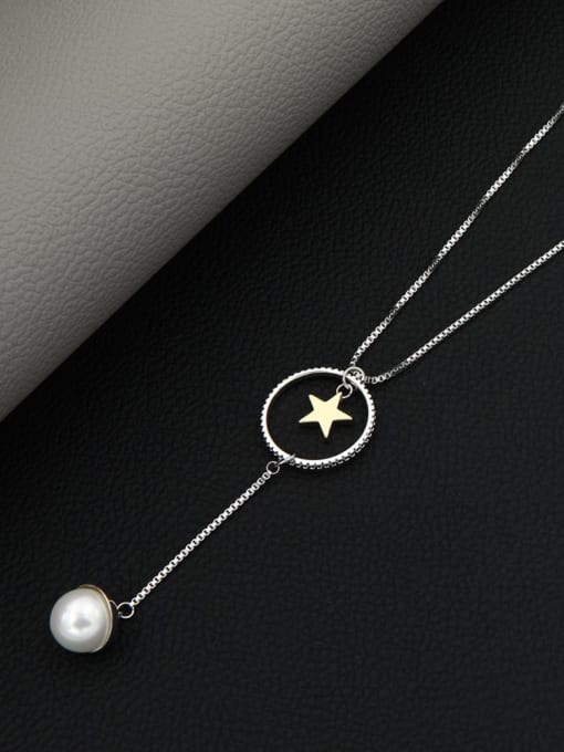 White Brass Imitation Pearl White Geometric Minimalist Long Strand Necklace