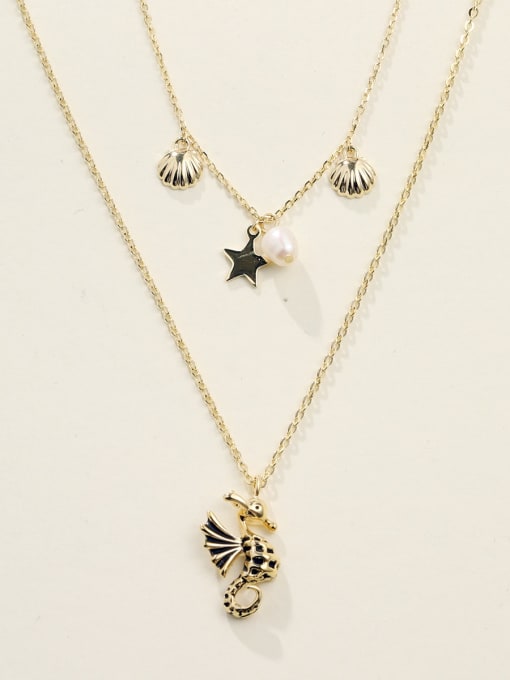 Gold 925 Sterling Silver Imitation Pearl White Seahorse Minimalist Multi Strand Necklace