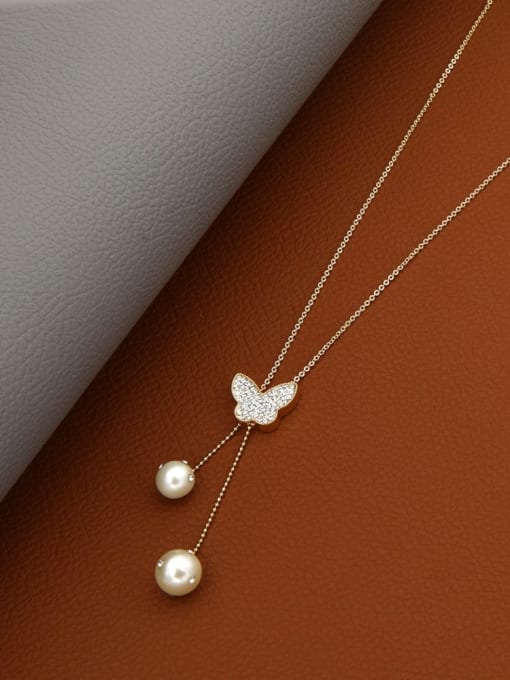 Lin Liang Brass Imitation Pearl White Butterfly Minimalist Long Strand Necklace 0