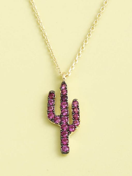 Gold 925 Sterling Silver Cubic Zirconia Purple Cactus Minimalist Long Strand Necklace