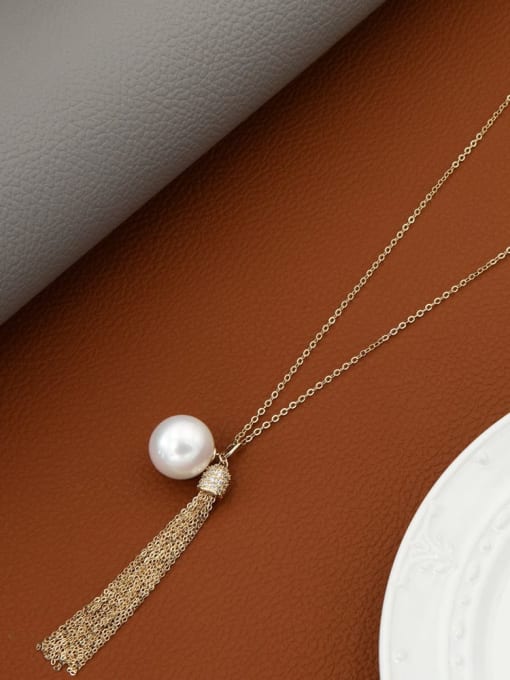 Lin Liang Brass Imitation Pearl White Tassel Minimalist Long Strand Necklace