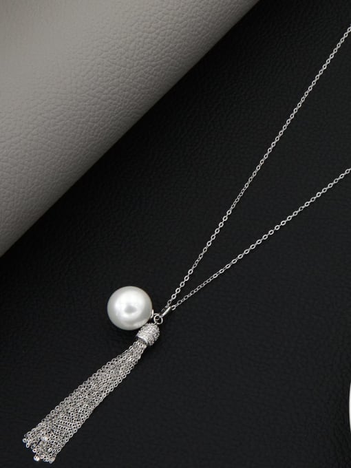 Lin Liang Brass Imitation Pearl White Tassel Minimalist Long Strand Necklace 1