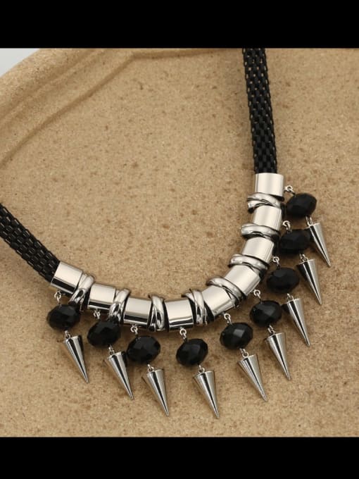 Lin Liang Brass Crystal Black Geometric Minimalist Long Strand Necklace