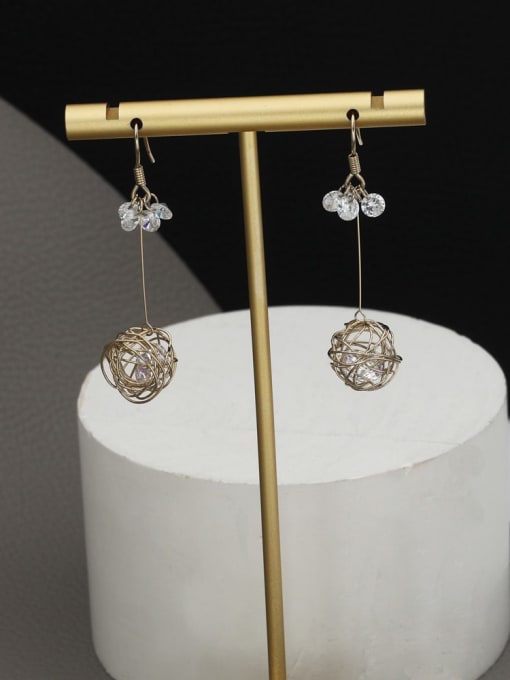 Coffee gold Brass Crystal White Round Minimalist Drop Earring