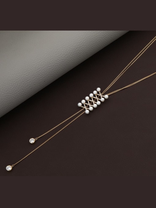 Gold Cubic Zirconia White Geometric Minimalist Long Strand Necklace