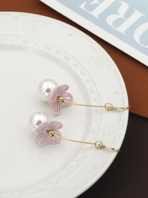 Golden pink flower Brass Imitation Pearl White Geometric Minimalist Drop Earring