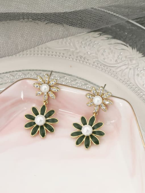 Golden green flower Brass Rhinestone White Enamel Flower Minimalist Drop Earring
