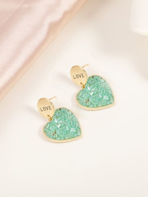 Golden Green Bead Brass Glass Stone Green Heart Minimalist Drop Earring