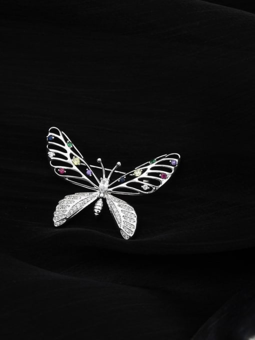 White Brass Rhinestone Multi Color Butterfly Minimalist Brooch
