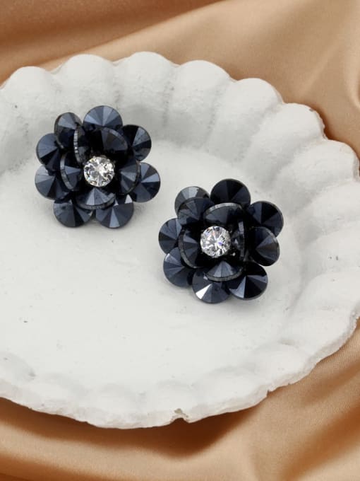 Lin Liang Brass Crystal Blue Flower Dainty Stud Earring 0