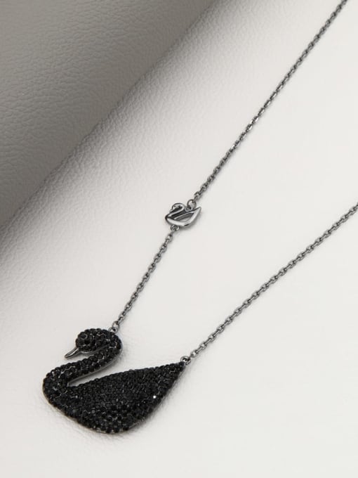 Black Brass Rhinestone White Swan Minimalist Long Strand Necklace